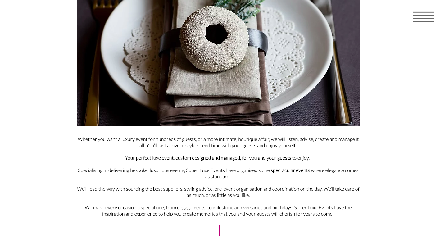 Super Luxe Events Luxury Event Management Events Page written by Becky Pink, Copywriter and Brand Storyteller