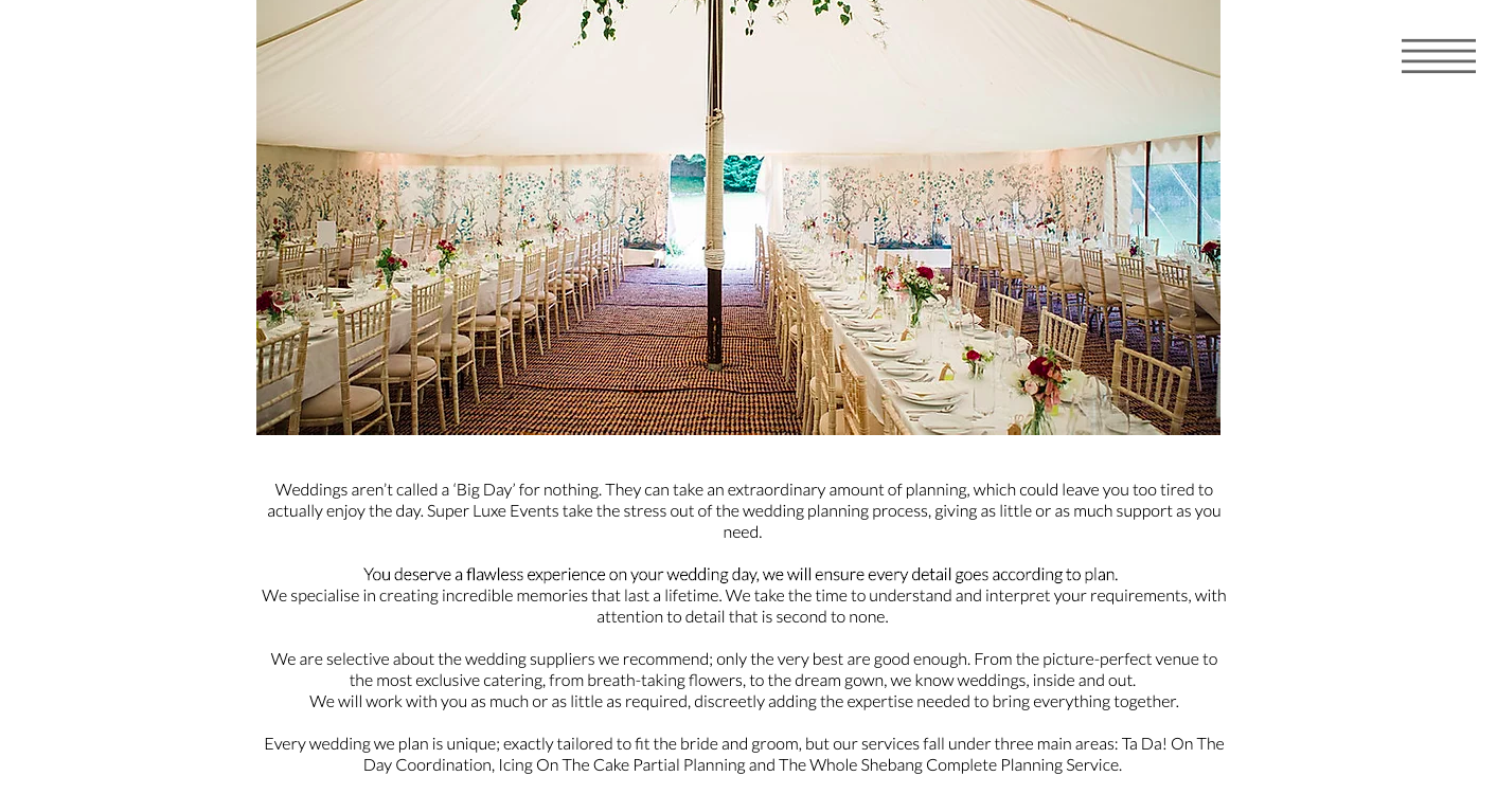 Super Luxe Events Luxury Event Management Weddings Page written by Becky Pink, Copywriter and Brand Storyteller